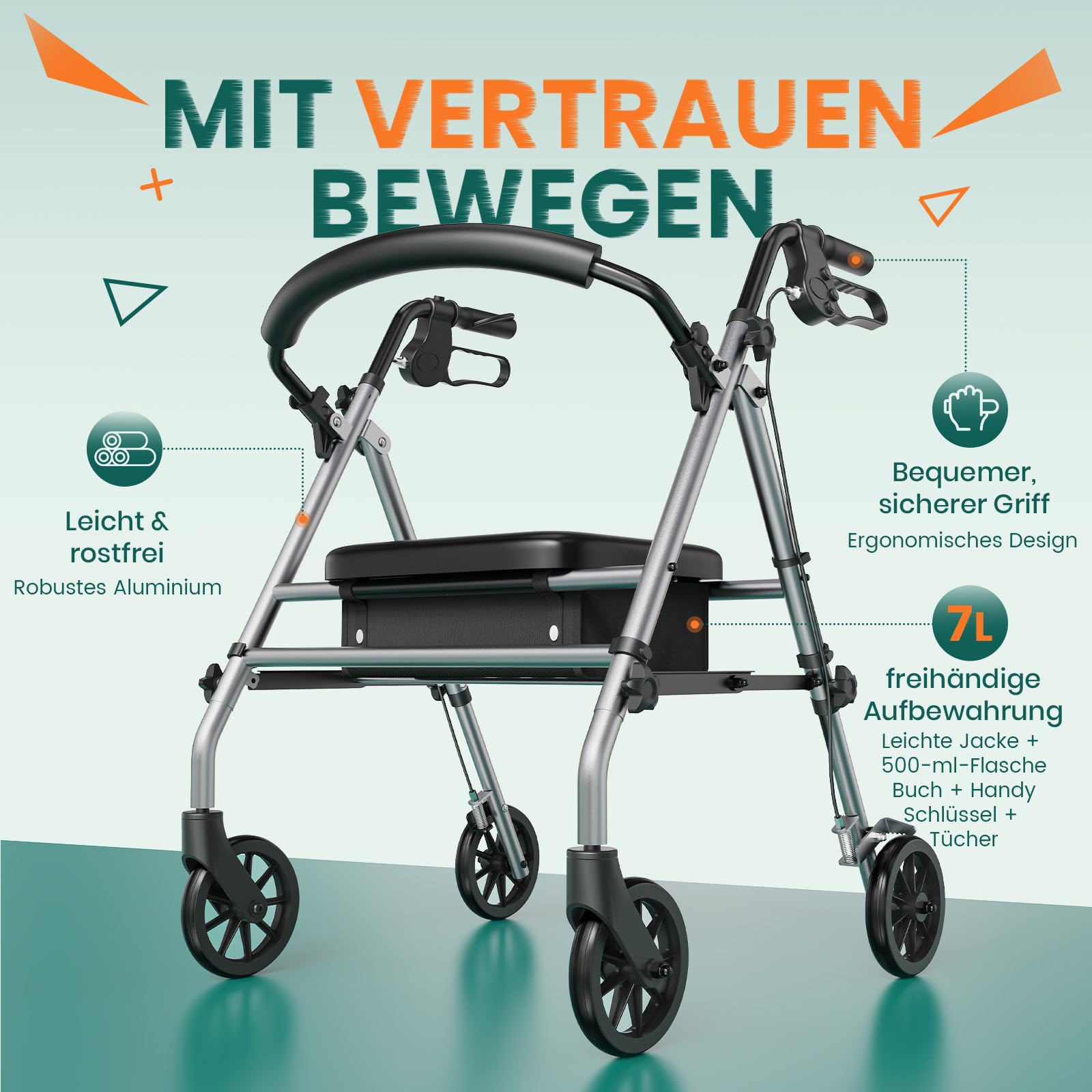 Faltrollator mit Sitz – stabiler 4-Rad-Gehwagen für Senioren & Gehbehinderte, Silbergrau