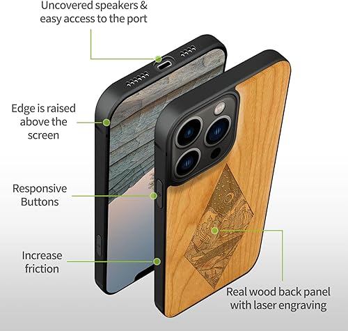 Miniatura 65 de Carveit Funda magnética de madera para iPhone 13 Pro [madera natural y TPU suave negro] funda protectora de madera única y elegante a prueba
