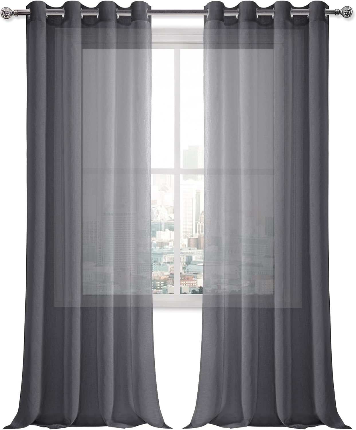 DWCN Semi Sheer Curtains, Grommet Top Window Drapes for Bedroom Living Room, Faux Linen Look Voile Transparent Solid Sheer Curtains Set of 2 Panels 52 x 95 Inches Long, Dark Grey