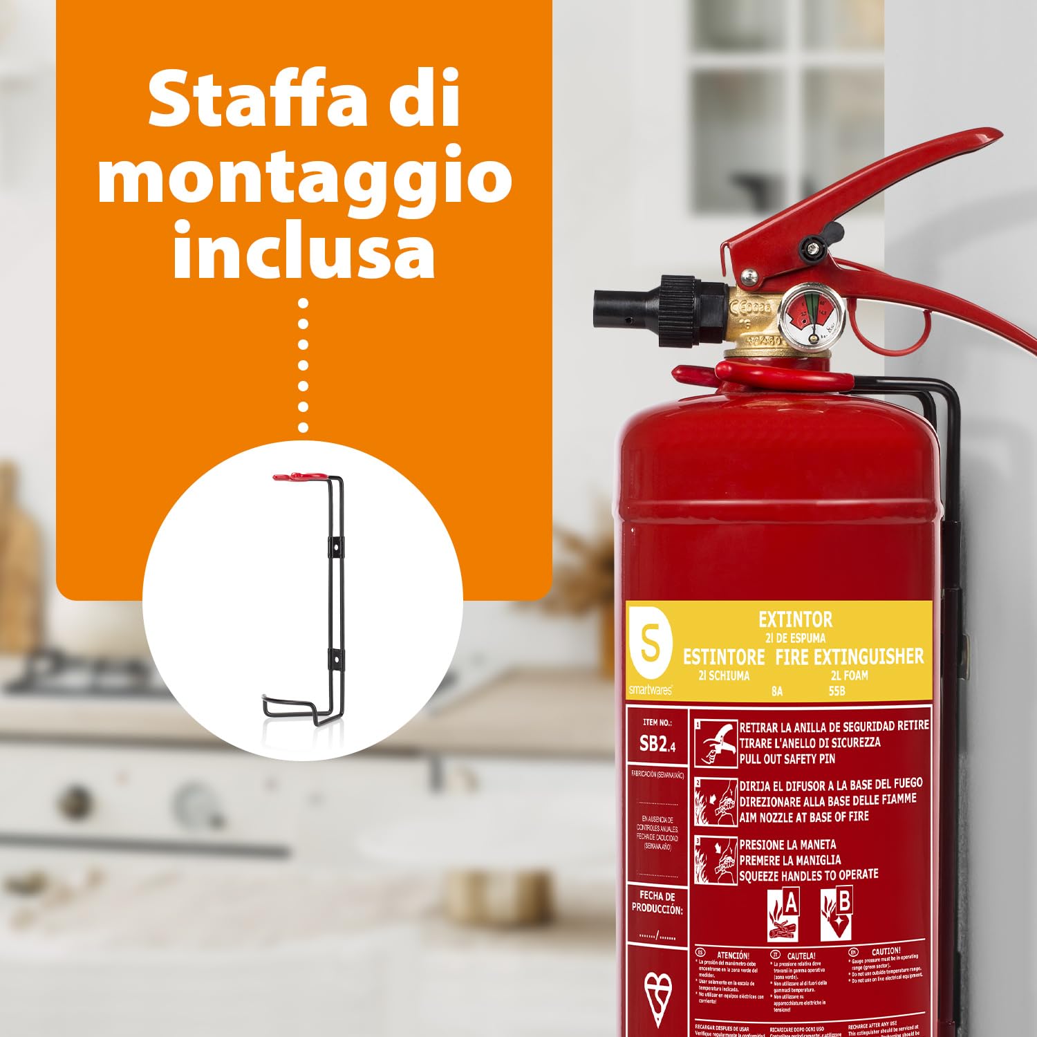 Smartwares Estintore a Schiuma - 2 Litri - AB - Incluso Supporto, Certificato BSI - FEX-15222, rosso