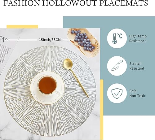 Miniatura 2 de FAVE Juego de 4 manteles individuales redondos plateados de vinilo antideslizantes, lavables para interiores y exteriores, manteles individuales