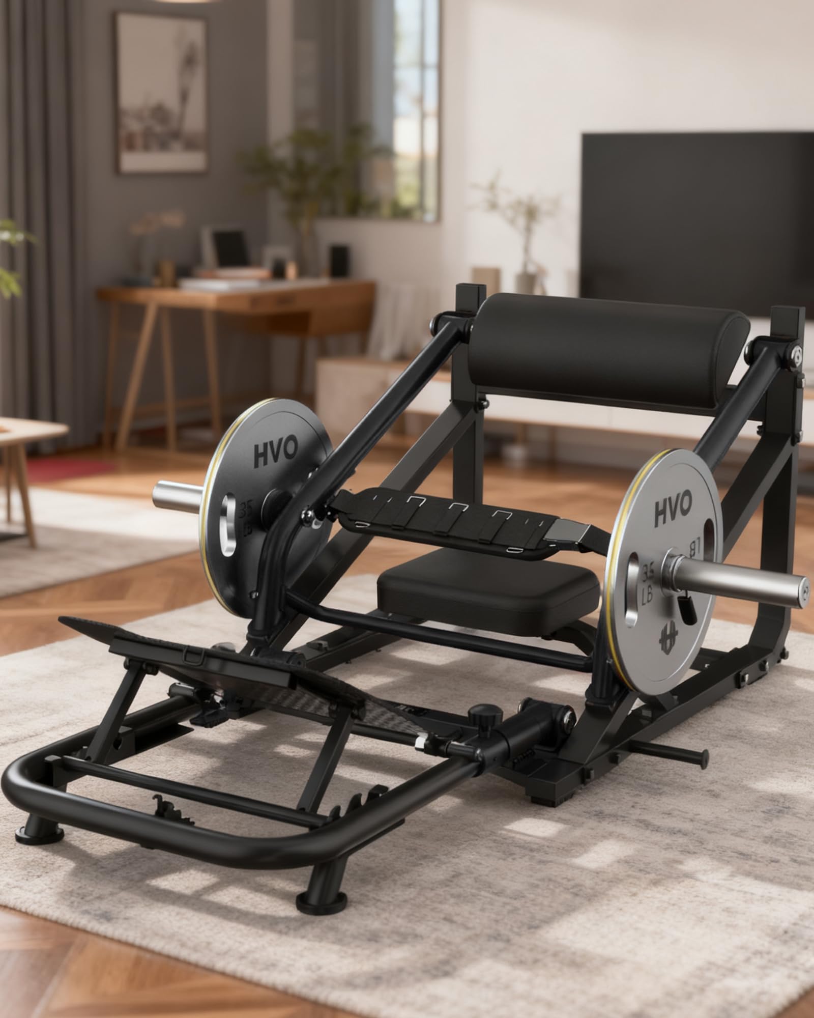 HVO Hip Thrust Gerät Glute Bridge Maschine für Zuhause Männer Frauen | 25/50 mm Langhantelscheiben Geeignet, Verstellbare Fußstütze, Verstellbarer Gürtel,Klappbar & Platzsparend,Mobil mit Rollen