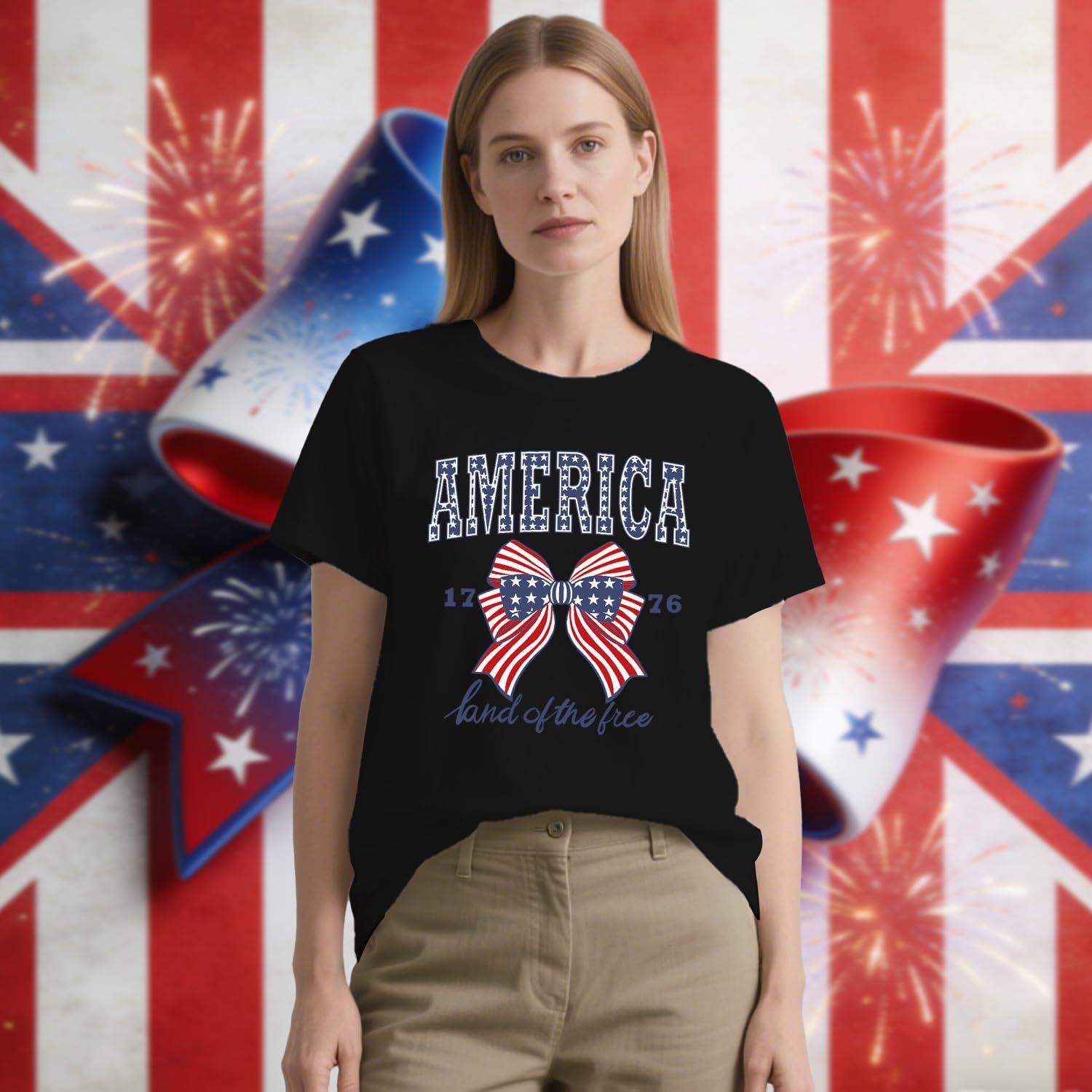 Womens American Flag Shirt USA Bow Flag Patriotic Print T-Shirt 4th of July Crewneck Tee Tops - Image 2