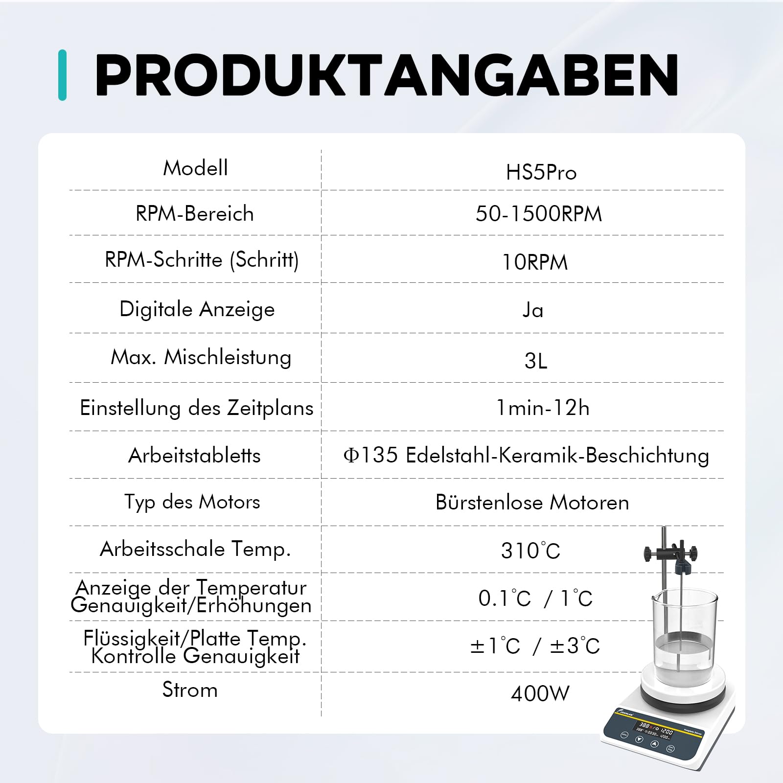 LAB FISH Magnetrührer Heizplatte 310℃/ 590℉ 5 Zoll Keramik-Heizplate, Digitaler Magnetmixer mit Timer, 50-1500 U/min, 3L Kapazität, inkl. externer Temperatursonde & Rührfisch