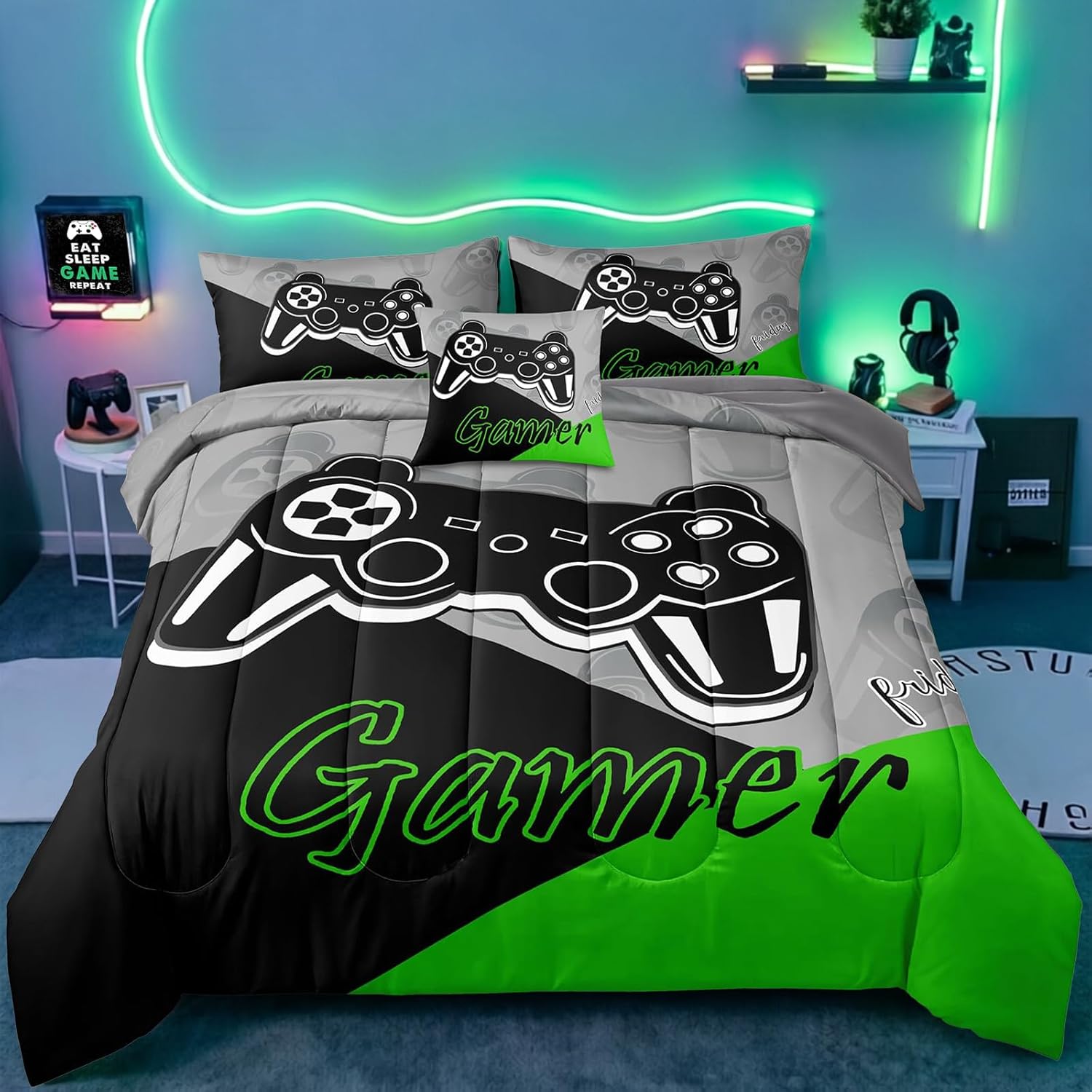 6 Pieces Gaming Bedding Set Full Size for Boys Gamer Comforter Set for Boys Girls Kids Teens 6 Piece Bed in A Bag Video Game Bedding for Gamer Room Decorative Full51