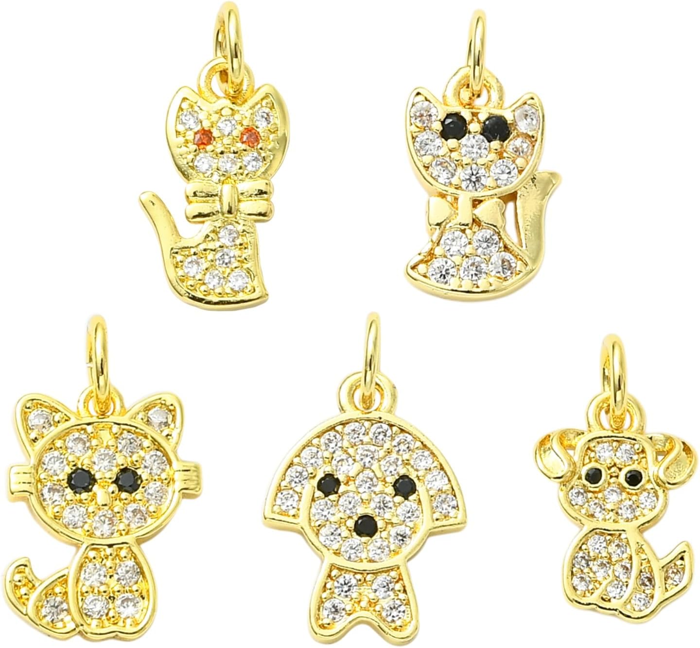 KitBeads 10Pcs 5 Styles Dog Cat Charms Brass Clear Cubic Zirconia Puppy Kitten Animal Charms for Jewelry Making Necklaces Bracelets Crafts