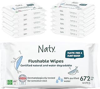 Naty Flushable Baby Wipes | 98% Water, Hypoallergenic & Natural for Sensitive Skin | Unscented, Fragrance-Free, Plant-Base...