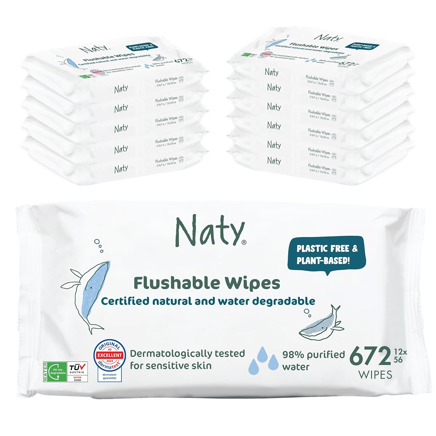 Naty Flushable Toddler Baby Wet Wipes Plant-Based Water-Based for Sensitive Skin Natural Unscented Potty Training Wipes Water-Degradable Plastic-Free