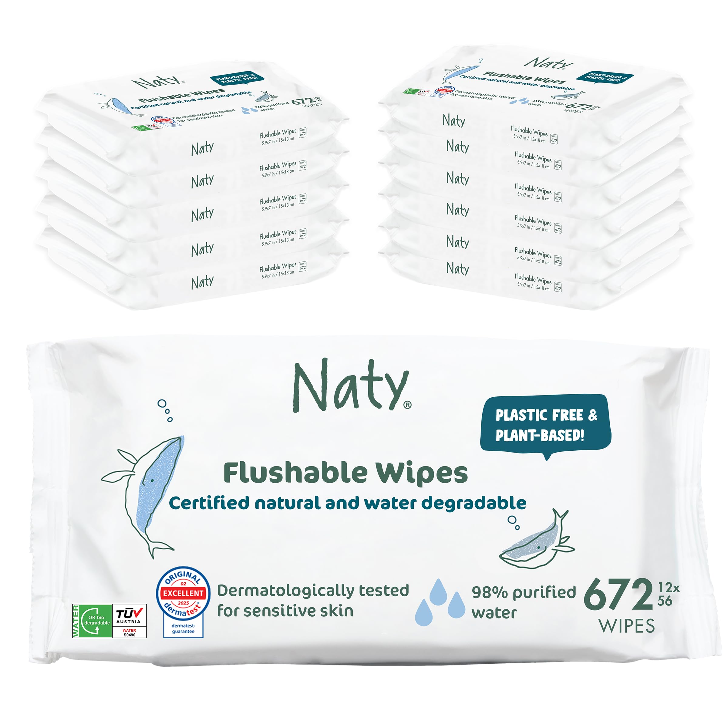 Naty Flushable Toddler & Baby Wet Wipes | Plant-Based, Water-Based for Sensitive Skin | Natural & Unscented Potty Training Wipes | Water-Degradable, Plastic-Free, Fragrance-Free | 672 Count (12 Packs)