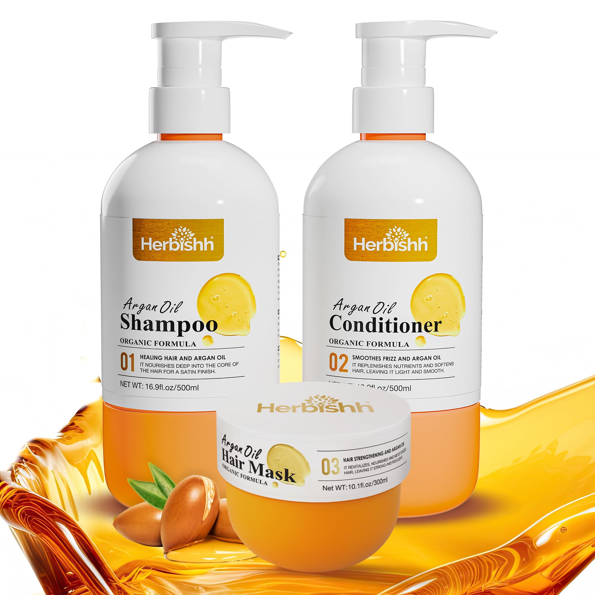 Moroccan Argan Oil Shampoo and Conditioner Set with Hair Mask, Moisturizing & Deep Cleansing Hair Wash Kit For Dry, Damaged, Frizzy Hair 16.9fl.oz + 16.9fl.oz + 10.1 fl.oz