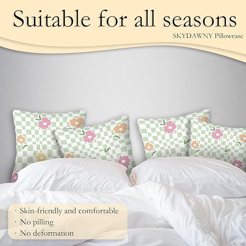 Miniatura 4 de Fundas de almohada de flores verdes a cuadros de 18 x 18 pulgadas, juego de 2 fundas cuadradas decorativas de verano para casa de campo para el