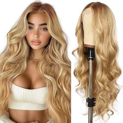 Miniatura 11 de SAPPHIREWIGS Peluca de encaje frontal marrón sintética, pelucas de encaje frontal sintéticas para mujeres, marrón natural con puntas rubio ceniza