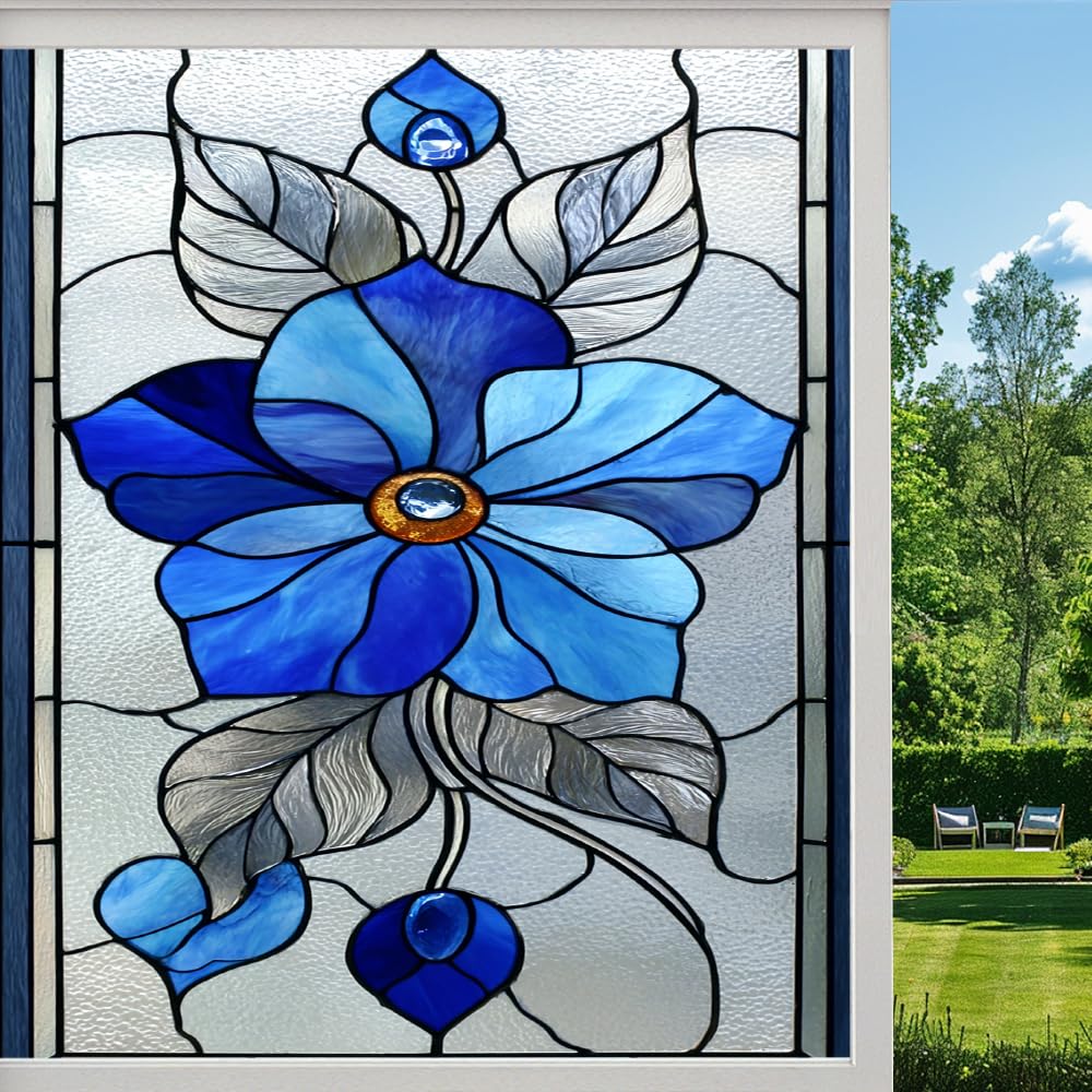 Natural Blue Flowers Privacy Window Film, Retro Dreamy Floral Frosted Self-Adhesive Vinyl Cling for Glass Doors Bathroom Windows Sun Blocking Heat Control, （60x90cm）