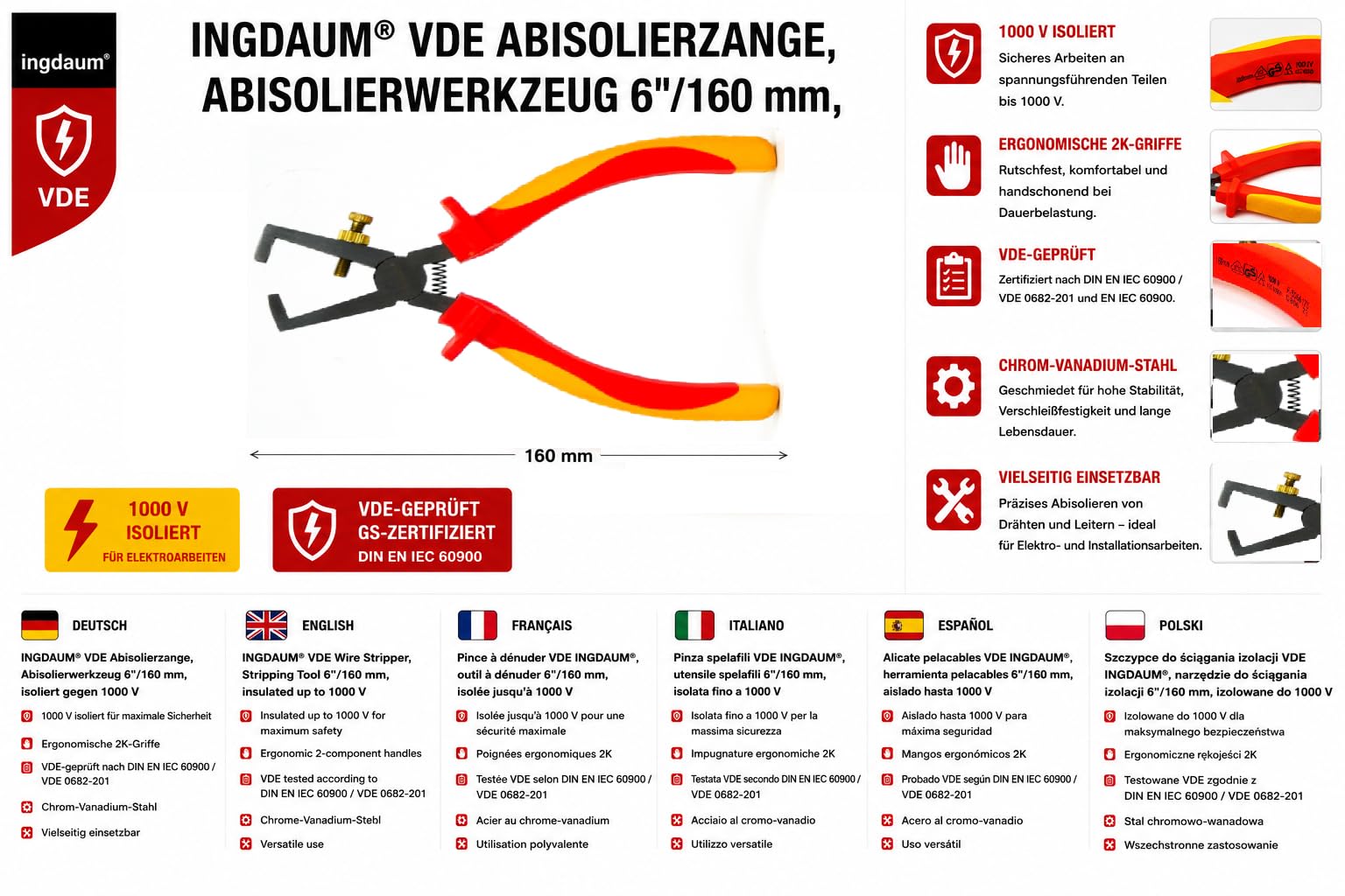 Pinza VDE isolata 1000 V testata GS DIN EN IEC 60900 acciaio cromo vanadio spelafili 6"