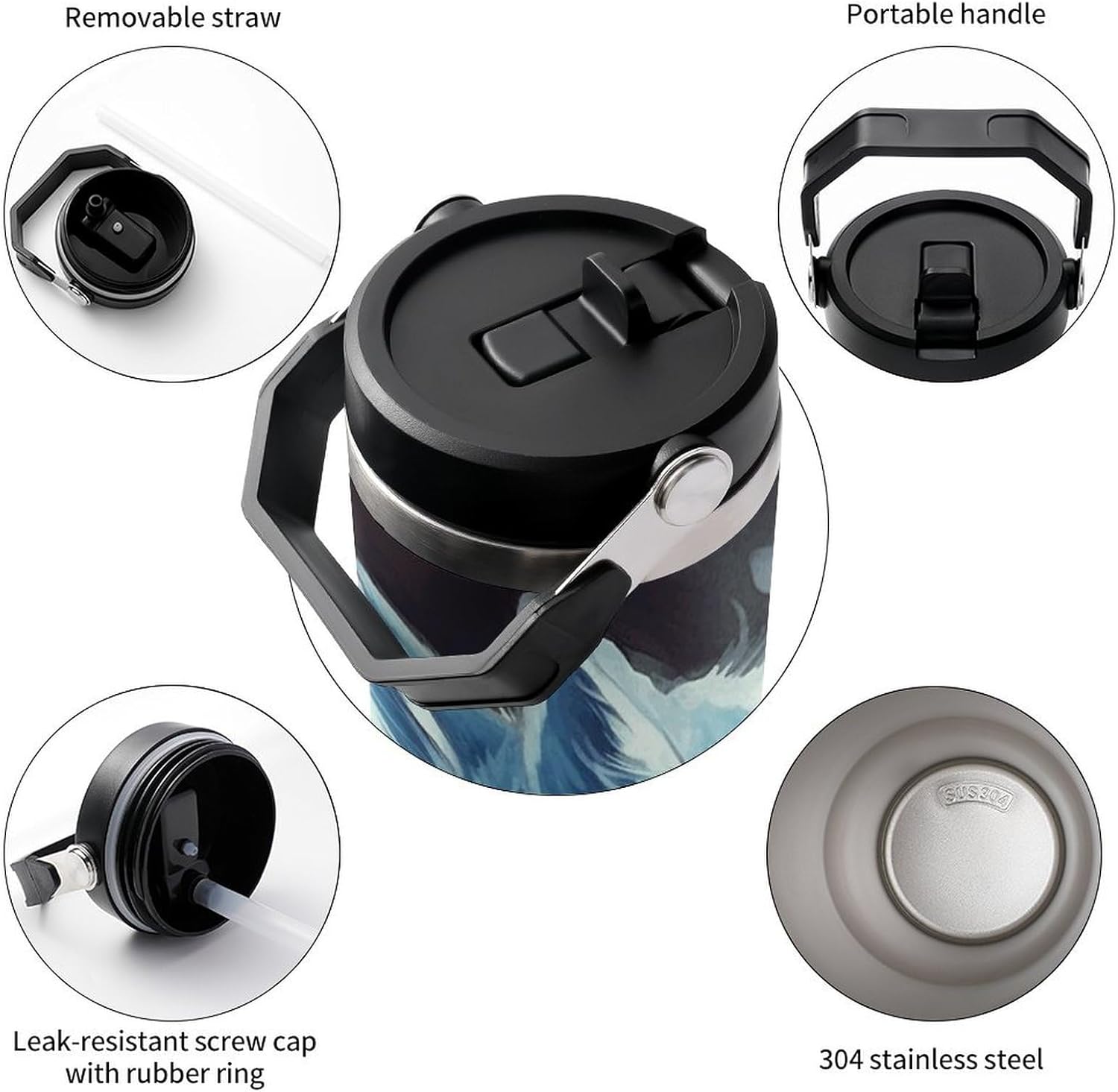 Blue Fox Water Bottle 30 Oz Fits Car Cup Holder,Insulated Coffee Mug Large Capacity Car Cups,Stainless Steel Double Wall Sport Bottle for Travel Sports Gym