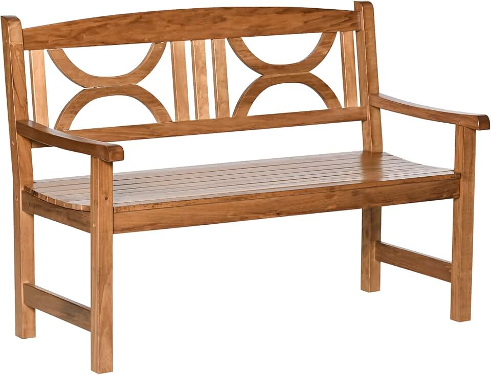 Outsunny Banco de madeira maciça exterior de 2 lugares, 123 x 61 x 89,5 cm, banco de jardim com encosto decorativo e apoio de braços para terraço, varanda, pátio, carga 250 kg natural