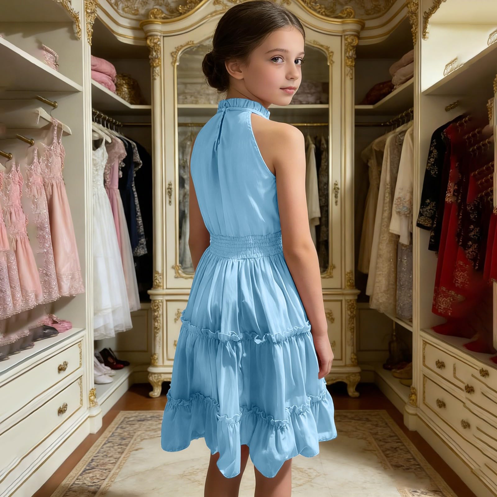 Vestido de verano para niñas, con hombros descubiertos, casual, con vuelo, acampanado, sin mangas, con volantes, vestido festivo