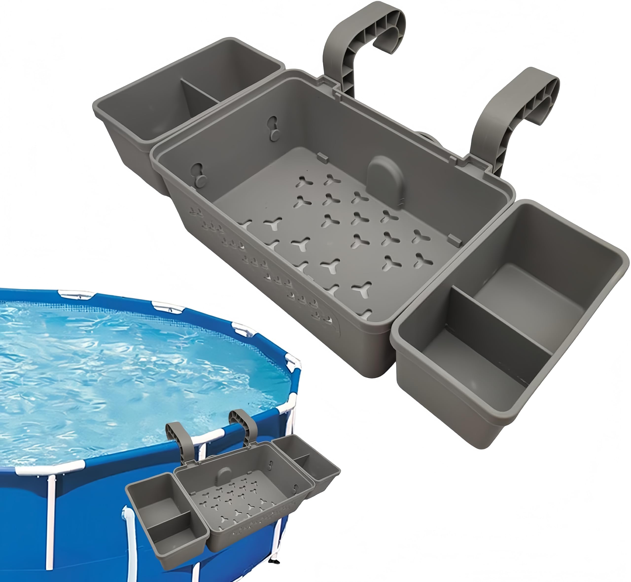 Panier à bord de piscine, 42 x 21 x 13 cm, panier de rangement pour piscine hors sol, plateau de rangement à bord de piscine, fabriqué pour des performances de longue durée, facile à démonter (gris)