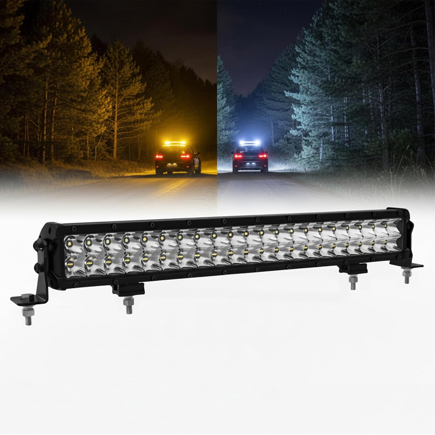 NOT TESTED 23 inch144W Amber&White 6?Mode LED Light Bar – Dual?Row Spot&Flood Combo, 15000LM IP68 Waterproof Strobe/Fog Off?Road Light for Truck, Jeep, UTV, ATV, Boat, 12V(Without Wiring Harness) Amber and white