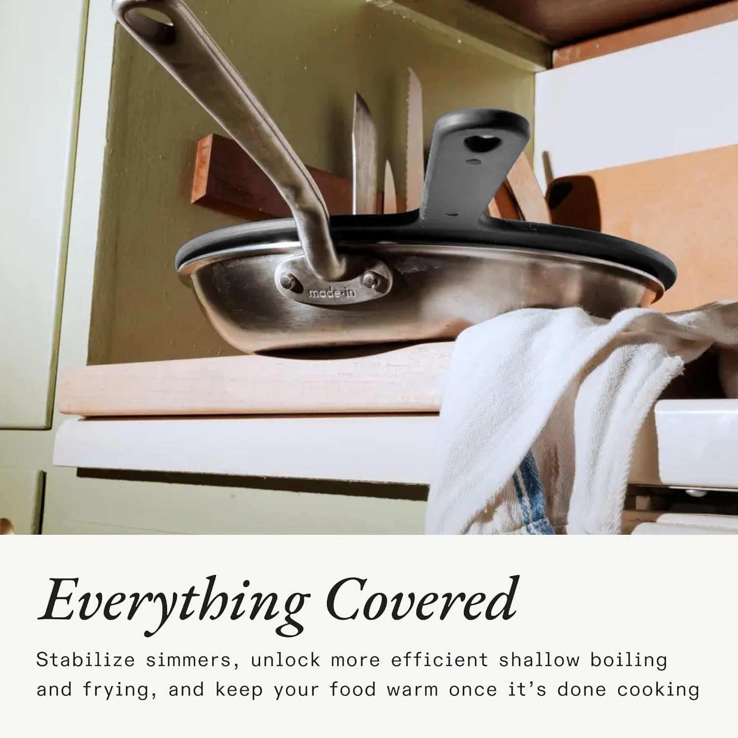 Made In Cookware - 3-Piece Ceramic Frying Pan Set with Universal Silicone Lid - 5 Ply Stainless Clad - Professional Cookware - Induction Compatible