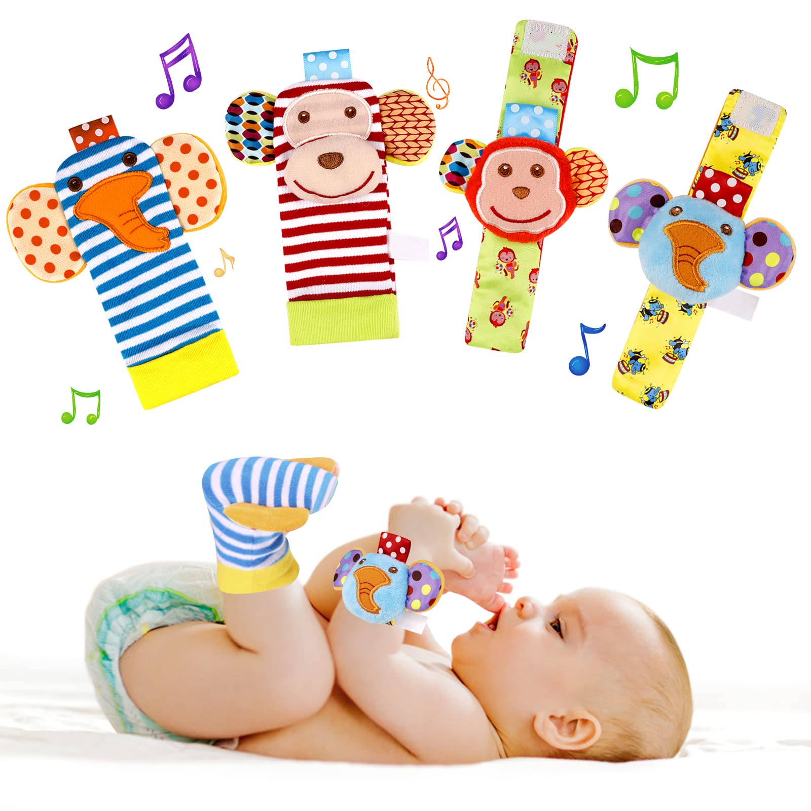 Bellestyle Bebe Poignet Et Chaussettes Hochet 4 Pcs Poignet De Bell Strap Hochets Et Chaussettes Pied Finder Avec Jouet D Eveil Hochet Pour Bebe En Peluche Education Jouet Montessori Pour 0 6 Mois