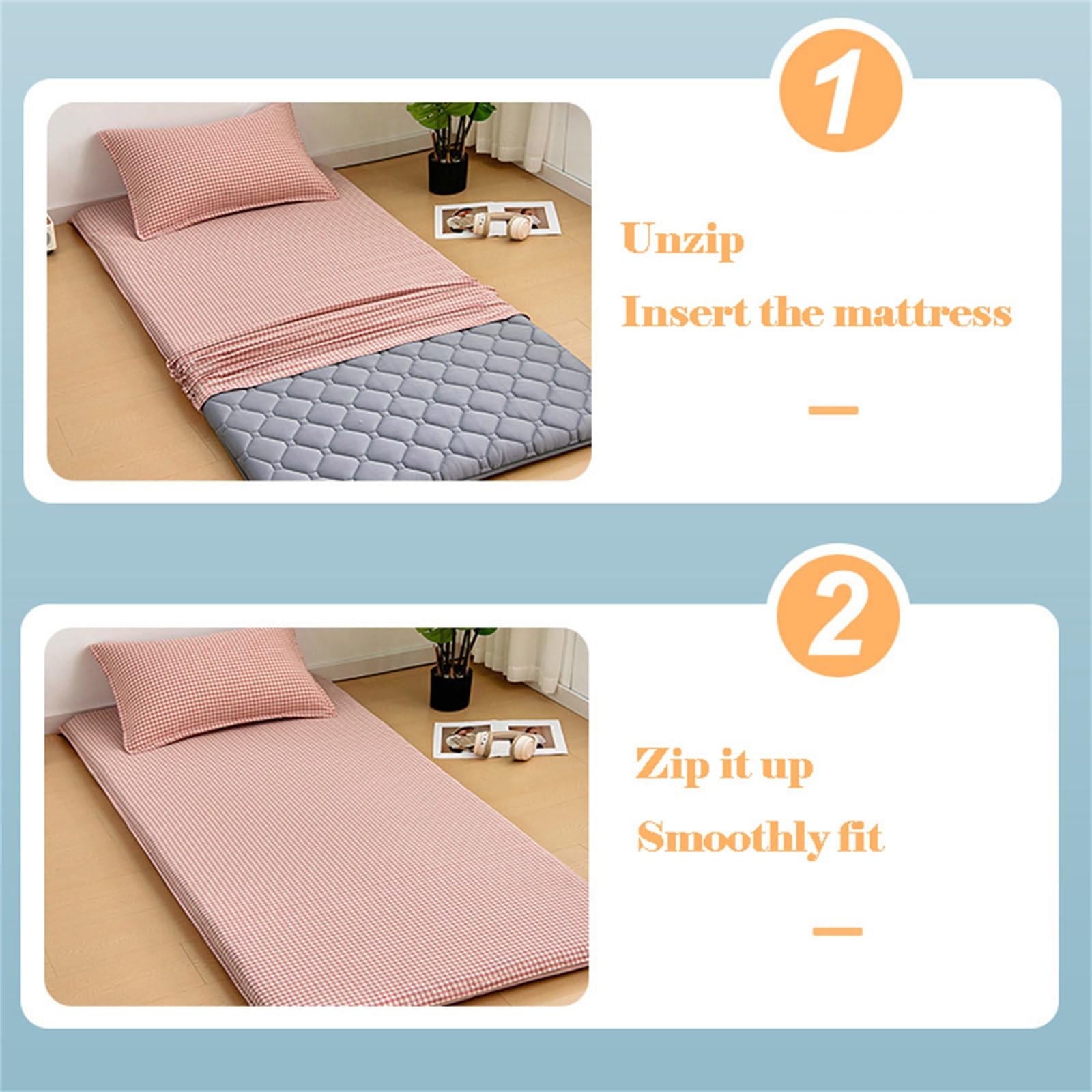 Housse De Matelas Futon en Coton avec Fermeture Éclair, Housse De Matelas De Sol Futon Japonais, Protection for Tatami De Sol Japonais, Lavable Et Facile À Enfiler/Retirer(Blue,160x210cm/63x83in)