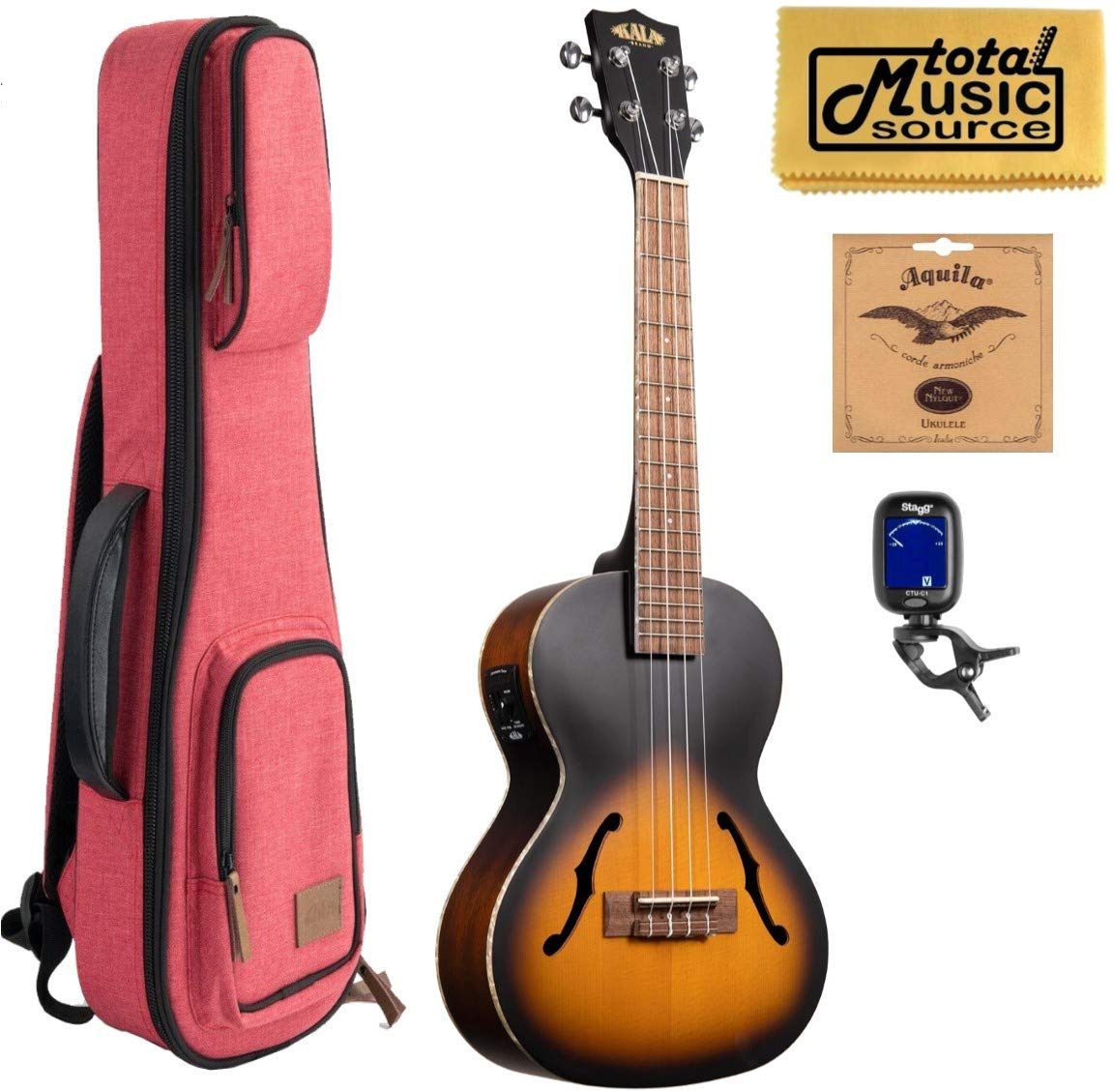 Kala KA-JTE/2TS Archtop Tenor Ukulele, Tobacco Burst w/Red Sonoma Case Bundle