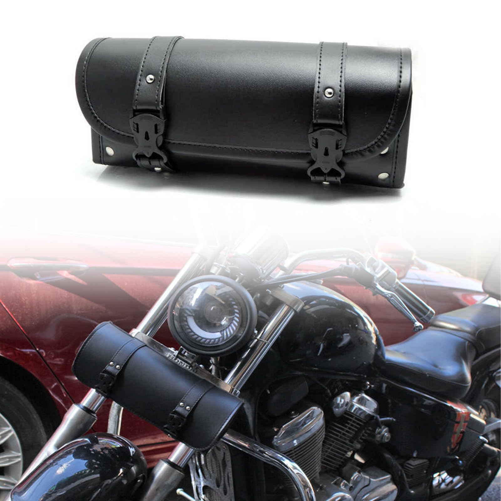 Torba na narzędzia motocyklowe, ze skóry PU, wodoszczelna czarna torba w stylu retro, torba na kierownicę z 2 regulowanymi paskami, na kierownicę, widelec i ramę