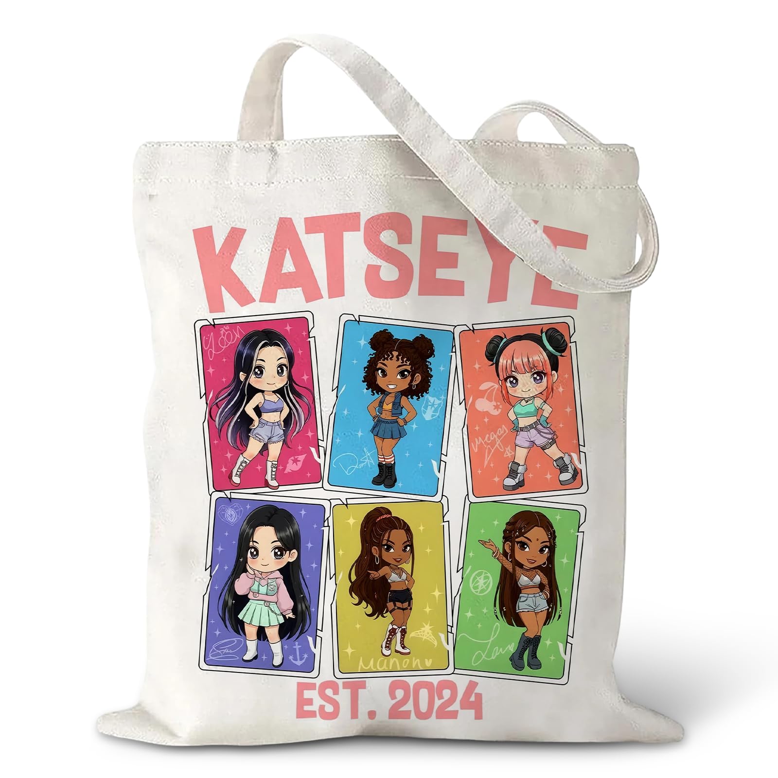 Onperpoe Katsye Canvas Tote Bag, Kpop Tote Bags for Women Double-Sided Printed Canvas Bag Girls Fans Gifts for Katseye Merch Cartoon K Pop Music Lovers