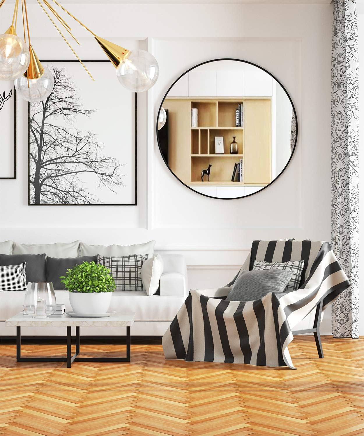 36" Black Round Metal Framed Bathroom Wall Mirror