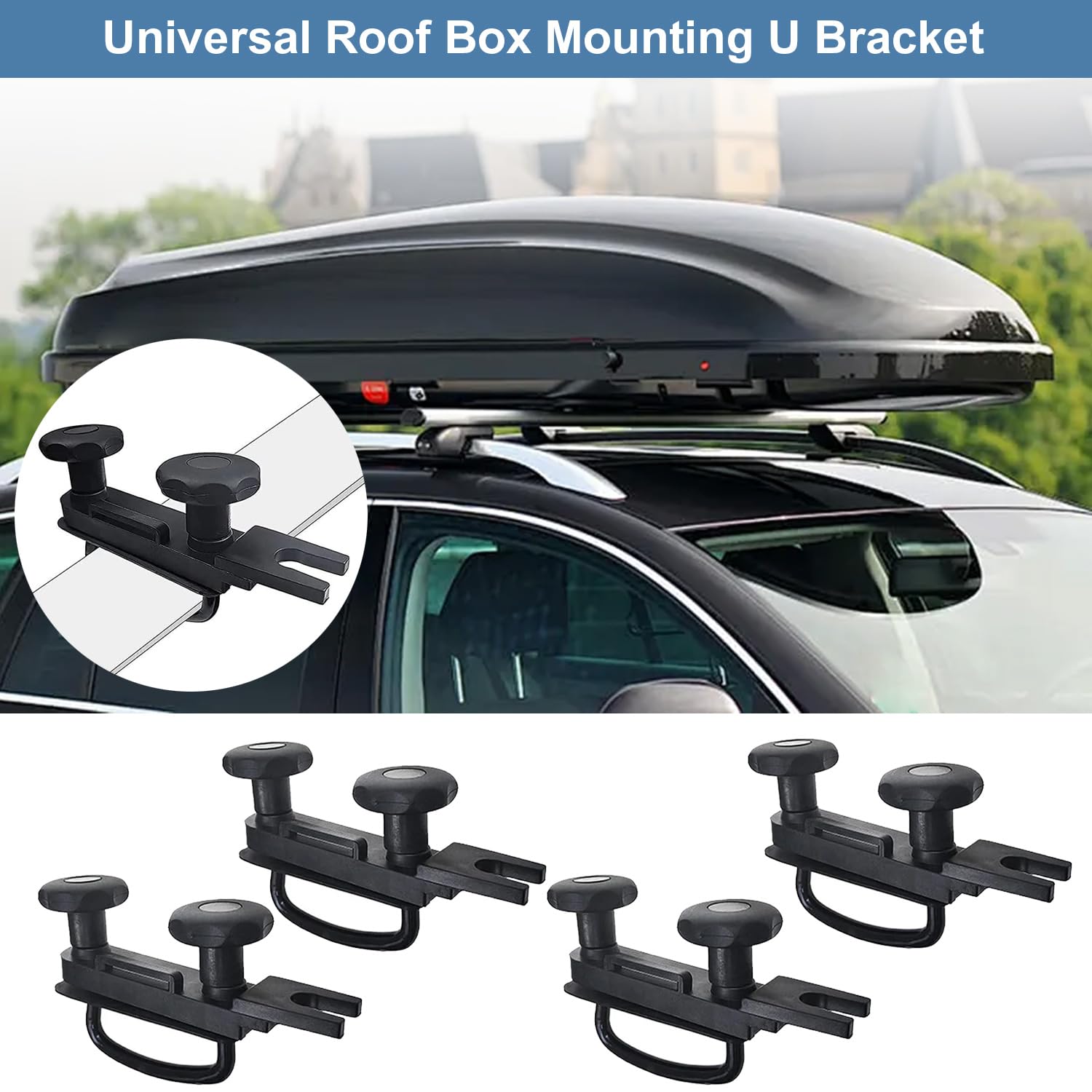 Erato Kit de fixation coffre de toit de 4 supports universels en U robustes colliers de serrage 8 contre-écrous et 2 bandages accessoires d'installation pour barres de toit voiture SUV fourgonnette