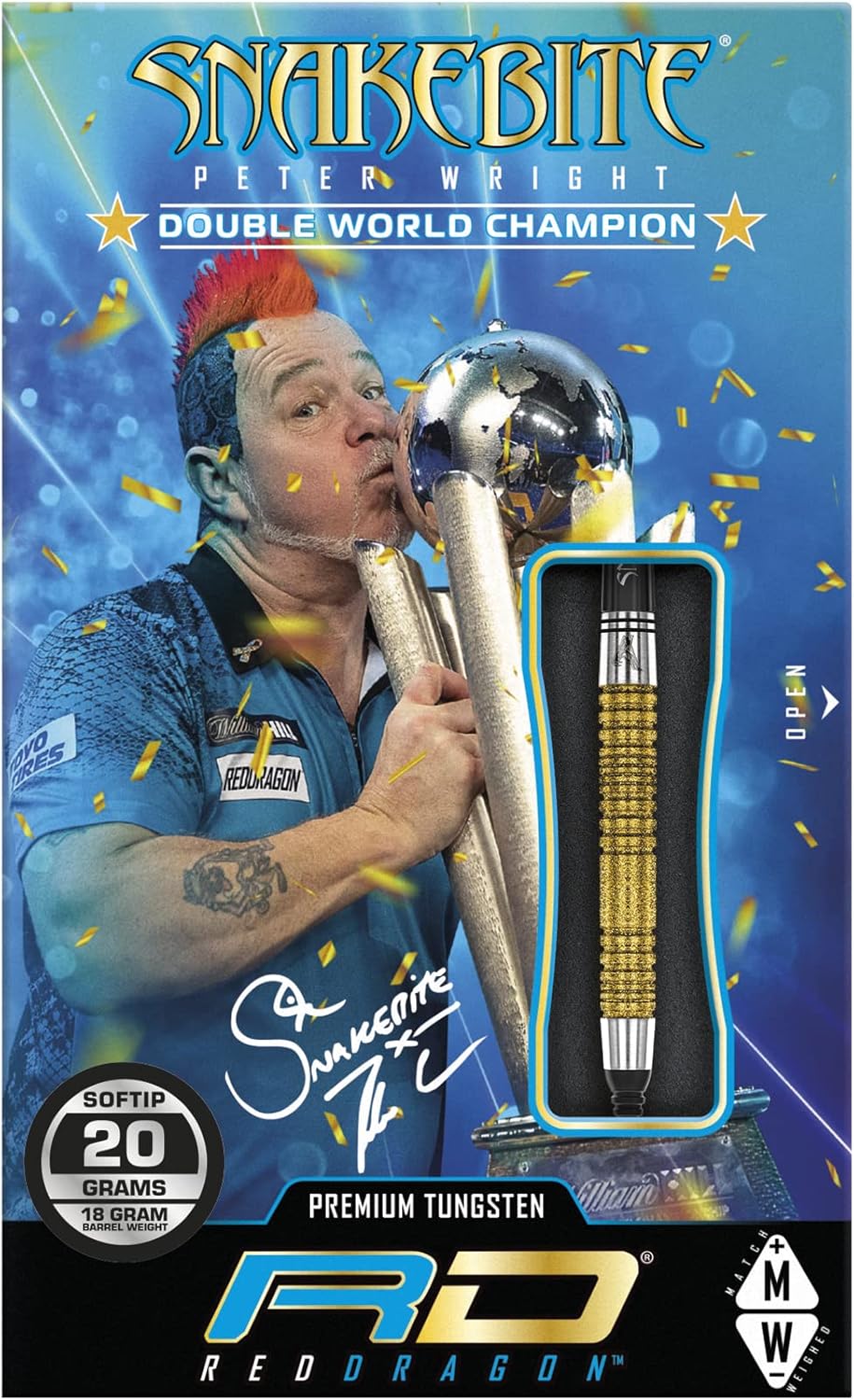 RED DRAGON Peter Wright Snakebite DWC Special Edition Gold Plus Softip 18g with Flights and Stems (shafts)