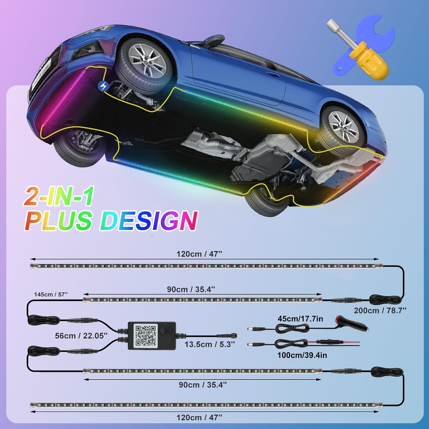 Lot de 4 lumières LED sous-luisantes pour voiture, kit d'application et télécommande RVB multicolore synchronisation de la musique sous l'éclairage de la voiture, bandes néon étanches pour