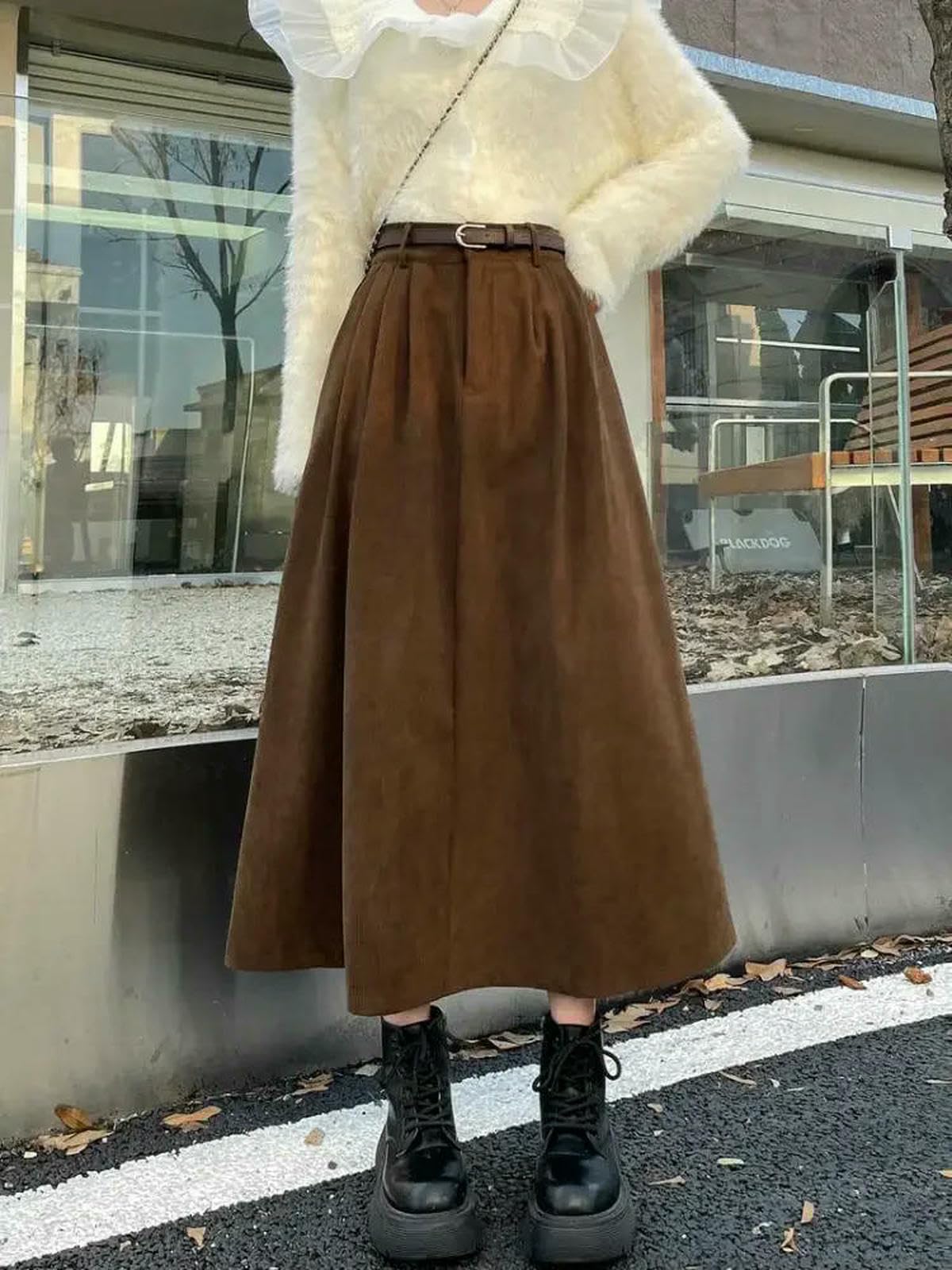 Langer Rock Damen Brauner Für Damen, Herbst Und Winter, Schwarzer Cord-Langrock Mit Hoher Taille, Plissierte A-Linien-röcke Im College-Stil-braun-l