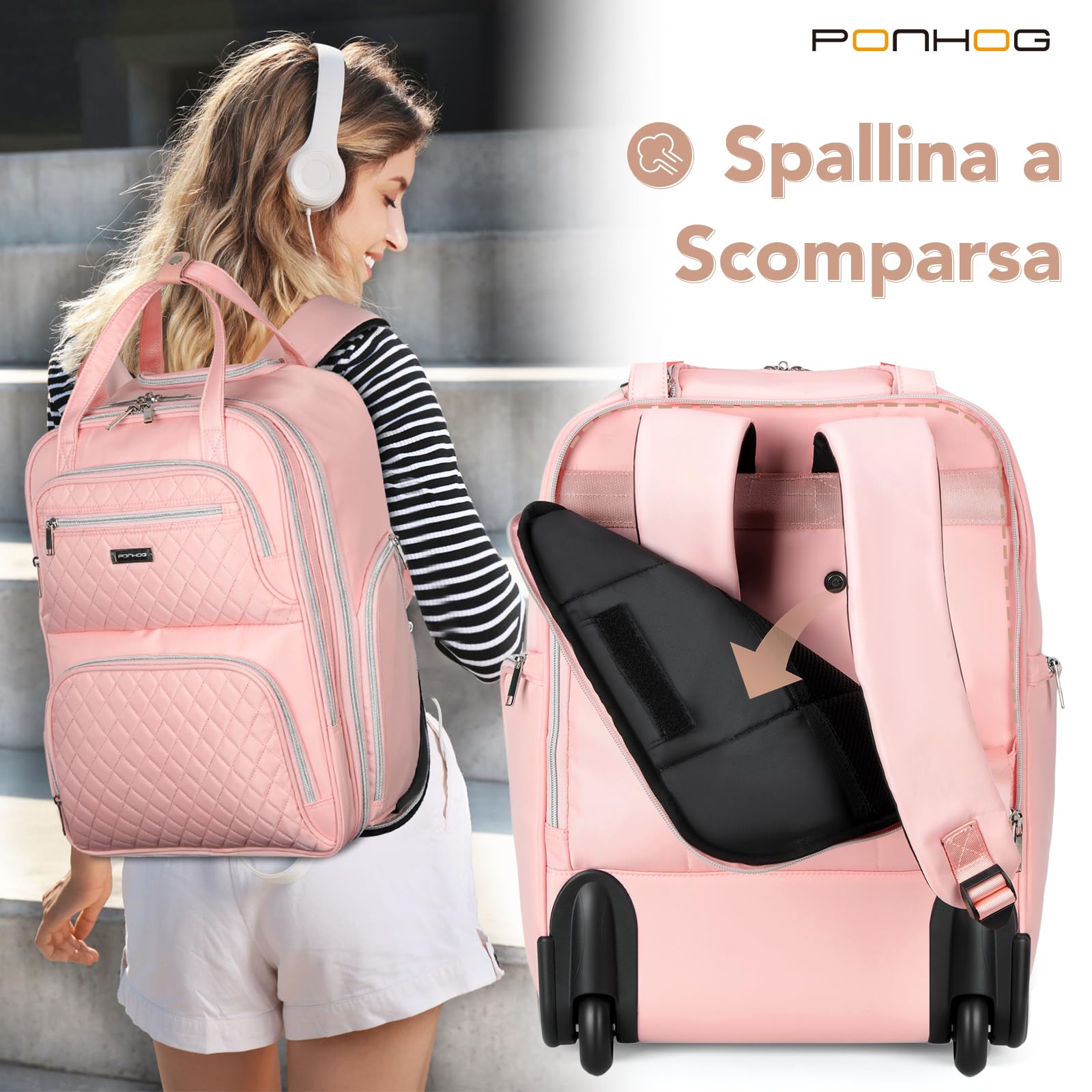 Ponhog Zaino Trolley Viaggio per PC Portatil da 15.6/16/17.3 Pollici, Zaino da Viaggio con Ruote Uomo e Donna, Zaino Trolley per Affari Università Viaggi Aereo