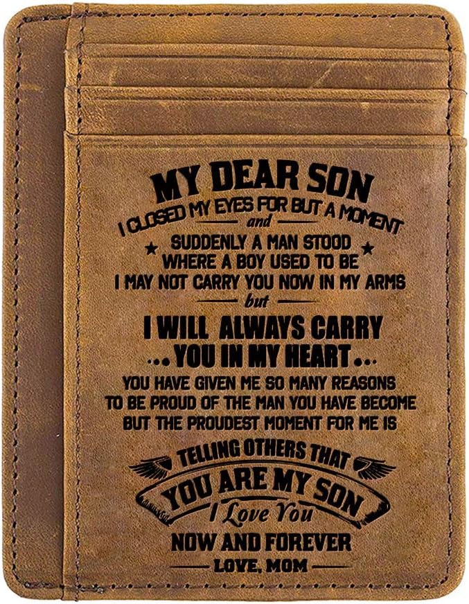 GADGETSTALK Minimalist Card Wallets for Son from Mom Slim Wallet - I Will Always Carry You in My Hear - Custom Card Wallet Rfid Blocking Personalized Wallet - Great Birthday Father's Day Gift for Son