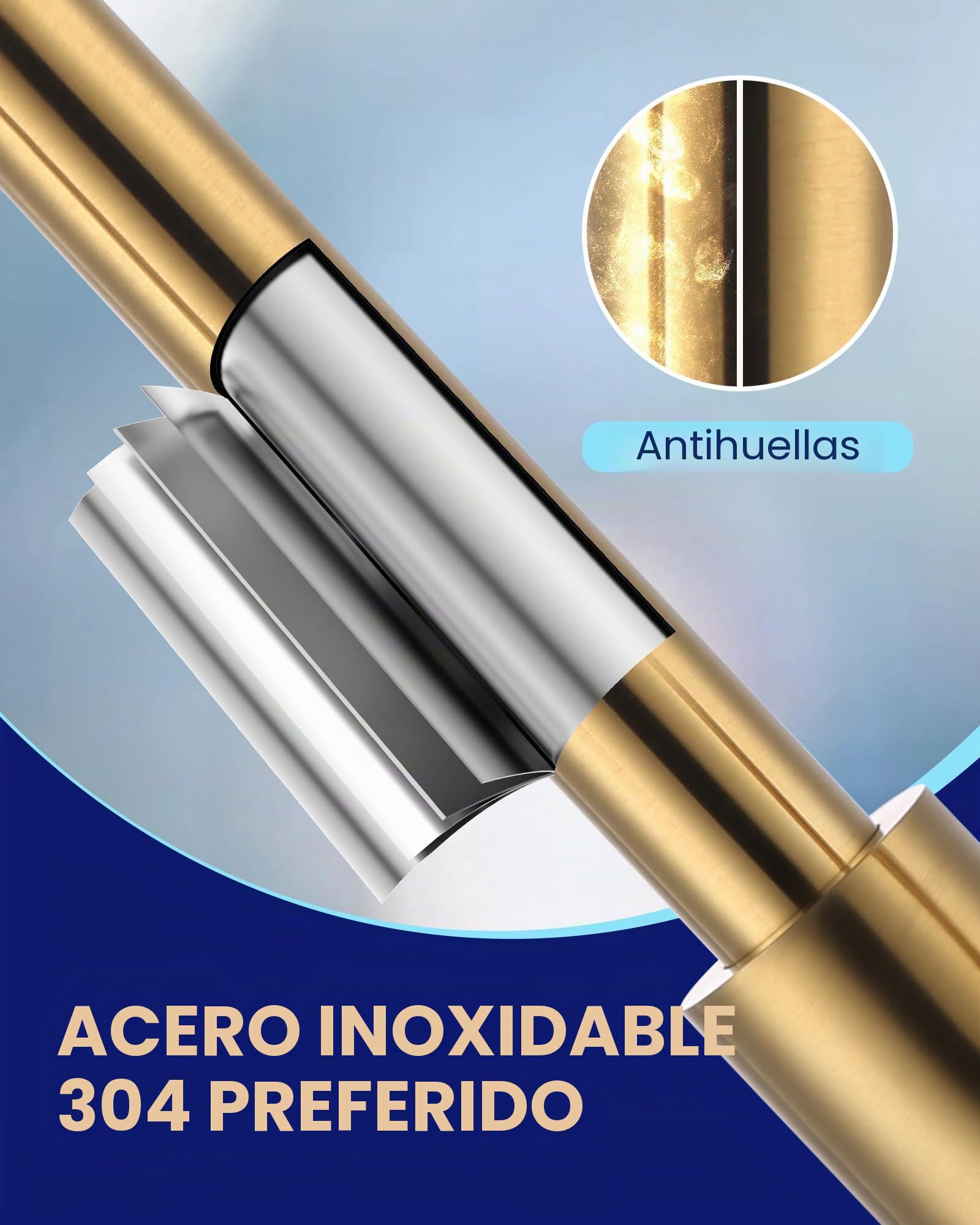 ARCORA Grifo Cocina Extraíble 360° Giratorio, Grifo Monomando Acero Inoxidable con 3 Modos de Chorro, Cartucho de Cerámica, para Fregaderos Profundos de Cocina, Dorado
