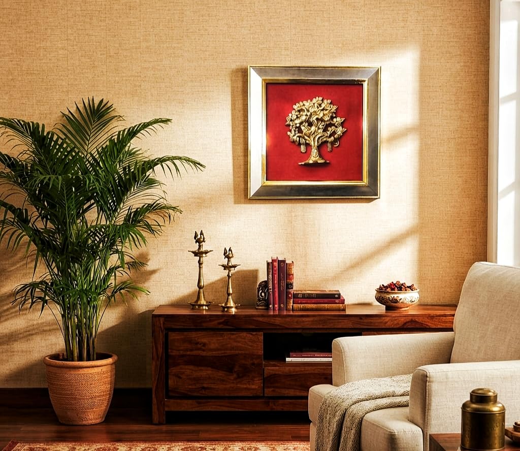 Blissful Decor Divine Brass Kalpavriksha – Brass Kalpvriksha Tree of Life Sacred Wall Art on Red Backdrop with metal frame medium-image-17
