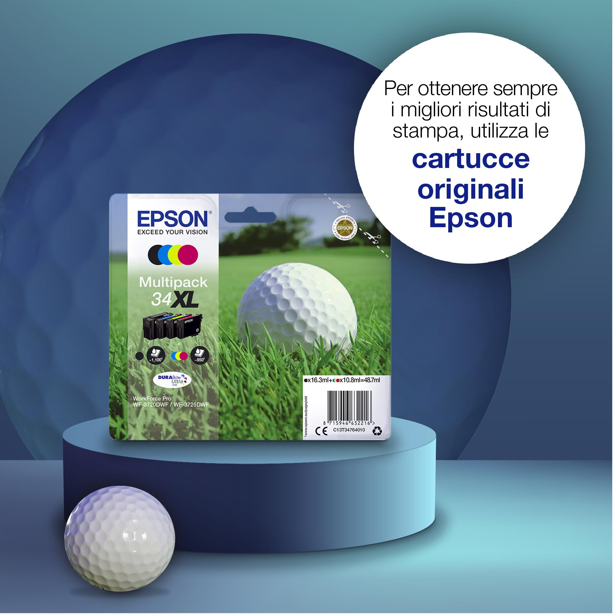 Epson 34 Serie Pallina da Golf, Cartuccia Originale Getto d'Inchiostro DURABrite Ultra, Formato XL, Nero