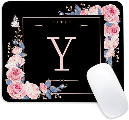 Miniatura 28 de Alfombrilla de mouse cuadrada con letras F con diseño de flores negras y rosas, borde cosido y base de goma antideslizante, tapete para mouse,