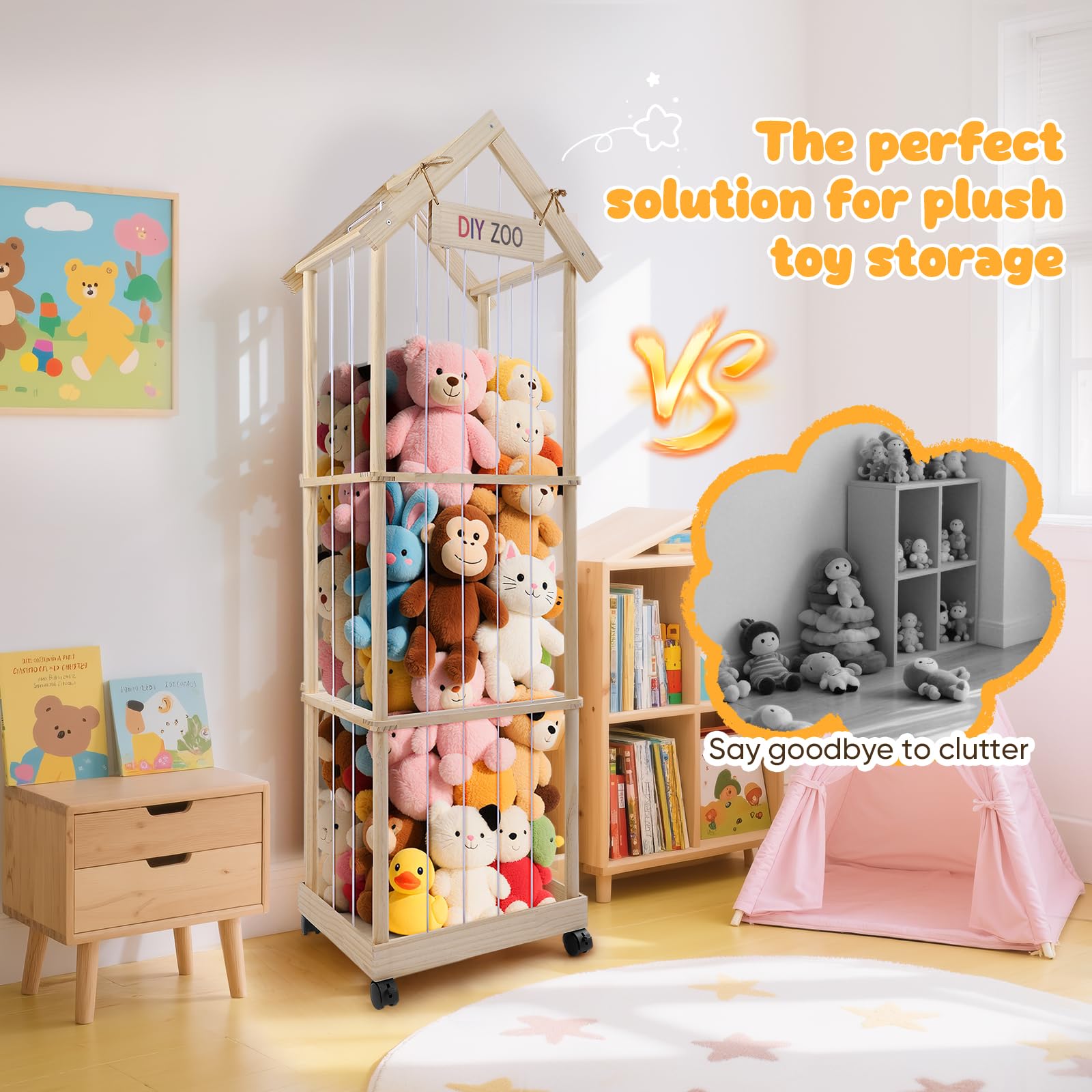 Contenitore per Animali di Peluche, 146*47*35cm Contenitore per Giocattoli Morbidi in Legno Massello con Ruote Girevoli Bloccabili a 360°, Contenitore per Giocattoli di Peluche per Camerette, Soggio