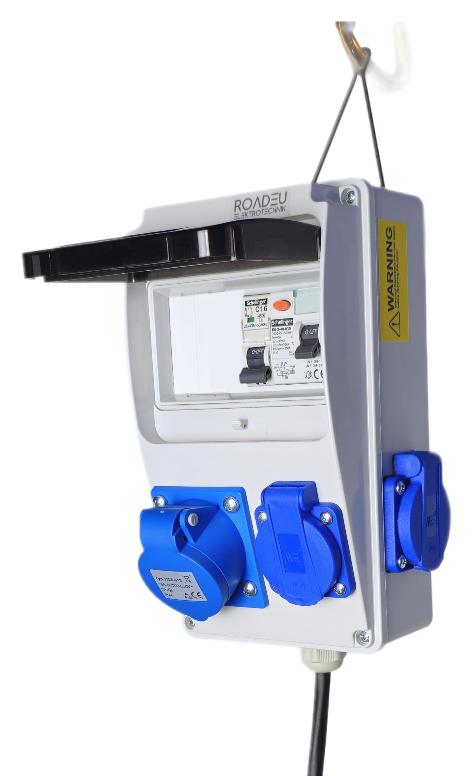 RoadEu - Distributore elettrico portatile 230V monofase con 3 prese Schuko, 1 presa CEE 16A 3P, cavo in gomma 15 m, spina CEE 16A – alimentazione per campeggio, camper, barche, eventi all’aperto