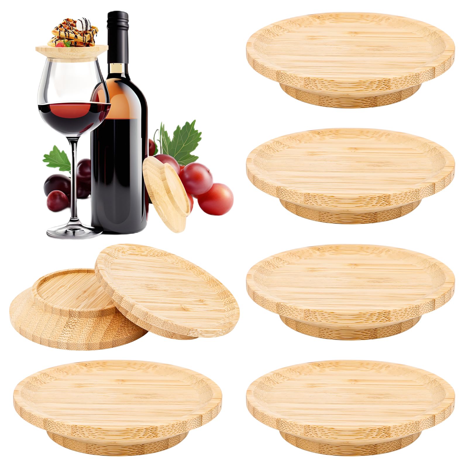 AKONE Wooden Wine Glass Toppers, Pack of 6 Wine Glass Charcuterie Toppers, 10 cm Round Wooden Wine Glass Attachment Appetizer Plate, Wine Glasses Topper for Desserts, Drinks, Family Dinners, Party