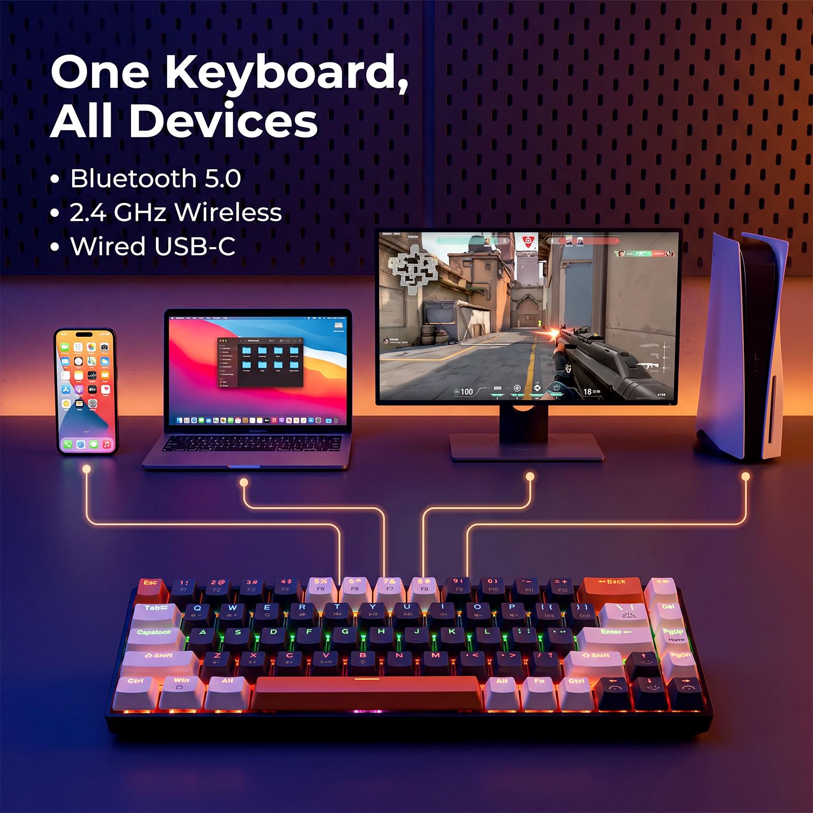 EX68 Clavier Gamer Mécanique sans Fil QWERTY 65%, Bluetooth 5.1