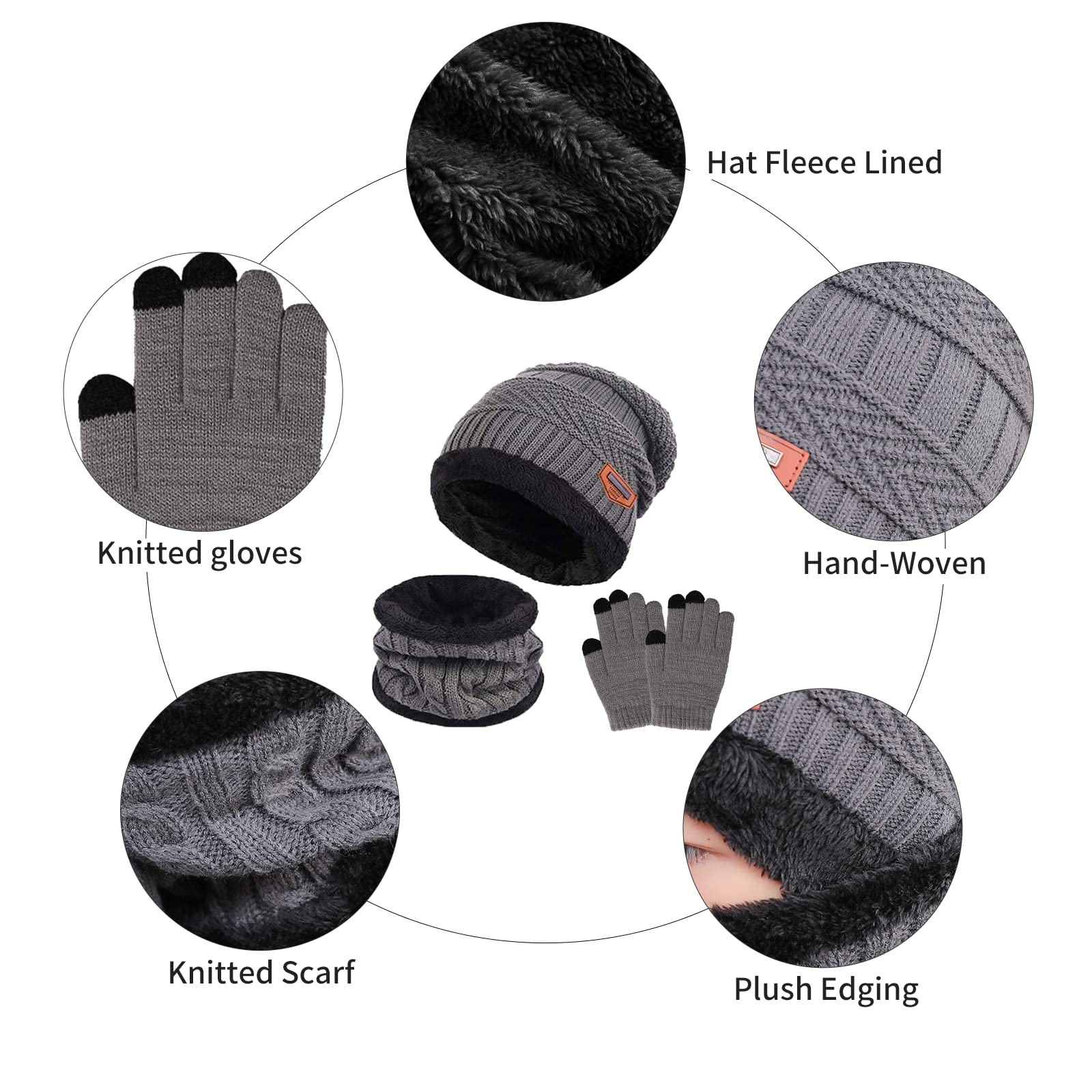 Gorro Invierno Niños Niñas Conjunto de Gorro Bufanda y Guantes Niño, Cálido Gorro de Punto Bufanda con Forro Polar Guantes con Pantalla Táctil para Niño Niña de 5 a 10 Años