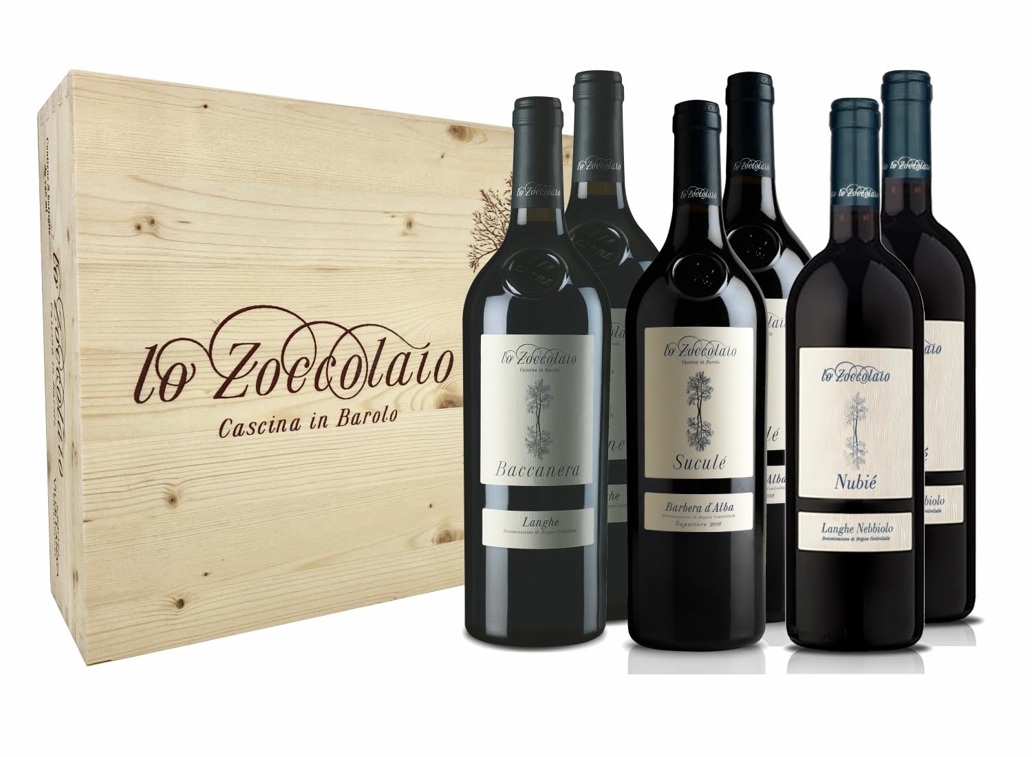 Lo Zoccolaio 2 Barbera d'Alba + 2 Langhe Baccanera + 2 Langhe Nebbiolo - 6 Flaschen - Italien Wein Holzbox trocken