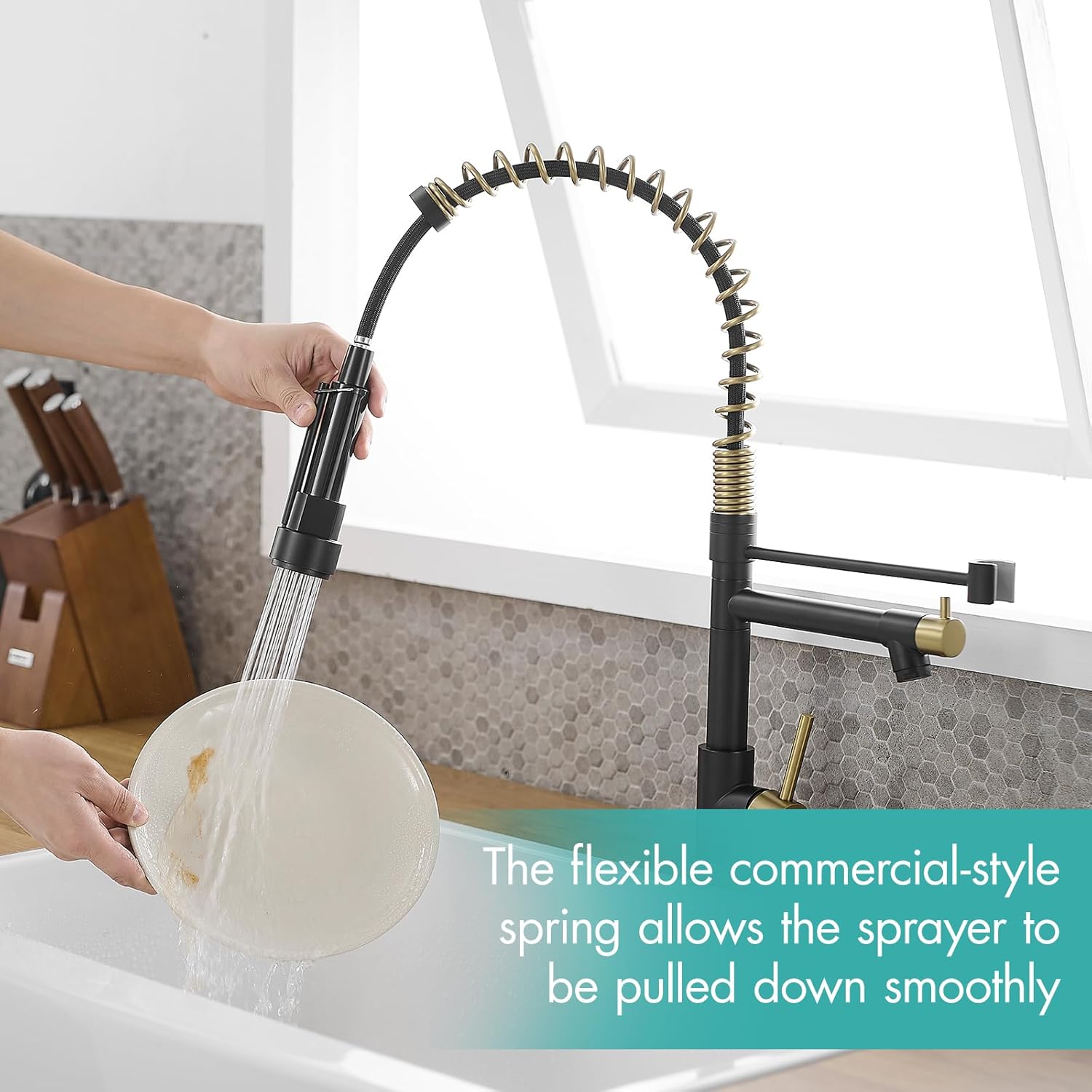 AIMADI Kitchen Faucet,Black and Gold Kitchen Faucet with Sprayer,Commercial Style Matte Black Single Handle Single Hole Kitchen Sink Faucet - Image 2