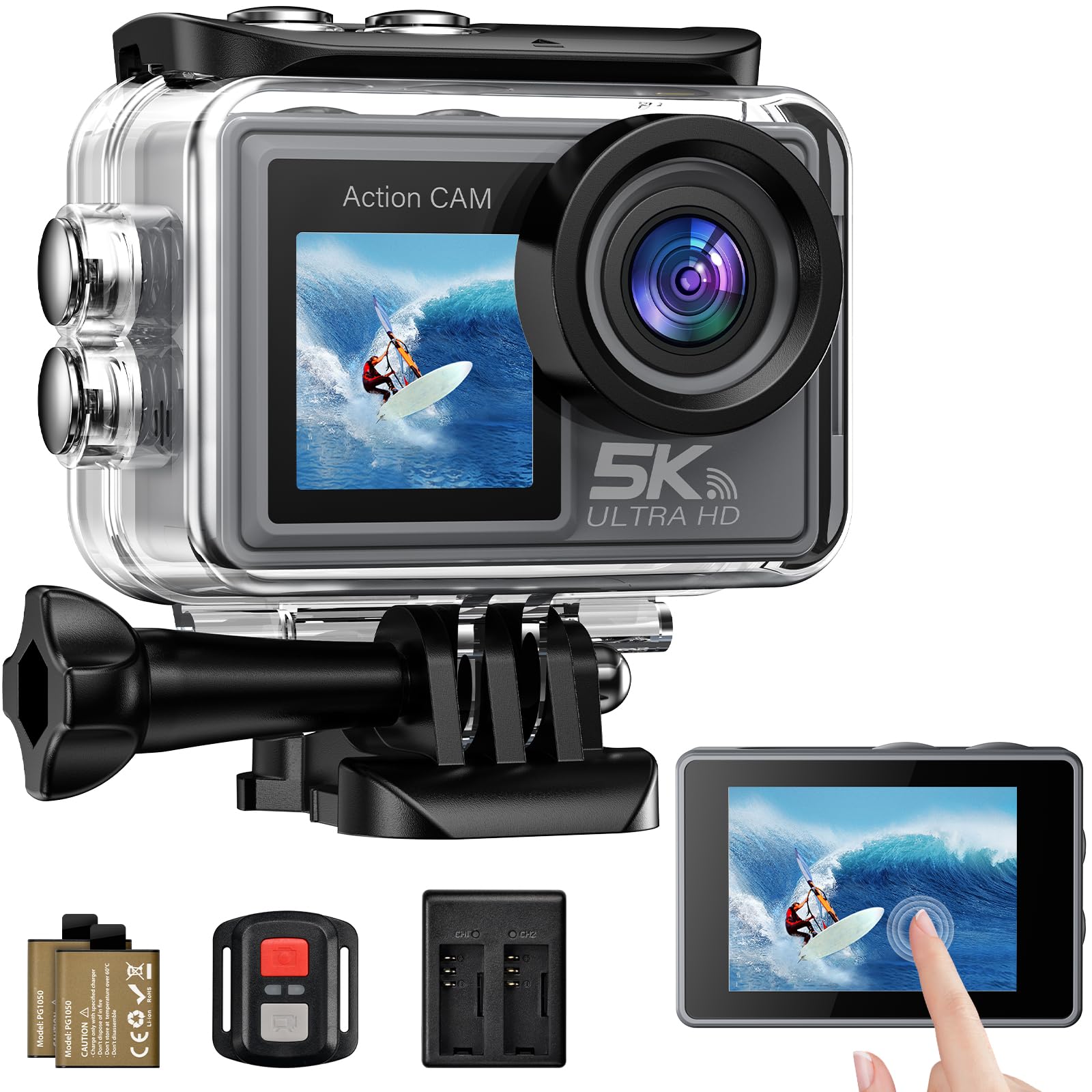 Cámara Deportiva 5K/4K 50MP - Cámara Subacuática 30M con Tarjeta de Memoria de 64GB, Estabilizador EIS, WiFi, 2 Baterías, Gran Angular 170°, Control Remoto, Ideal para Buceo, Casco camara moto