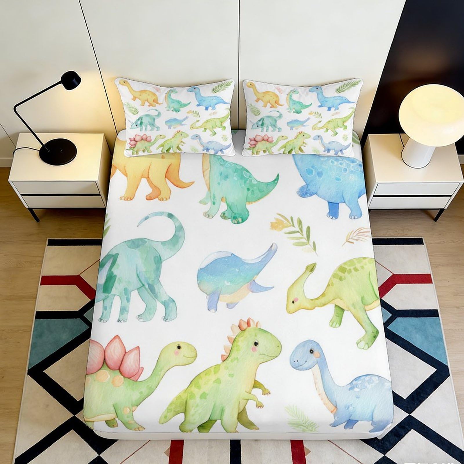 3D Printed Cartoon Dinosaur Fitted Sheet Microfiber Soft Breathable Colorful Dino Bed Cover for Bedroom Guest Room Mattress Protection Decor 200x200x25cm