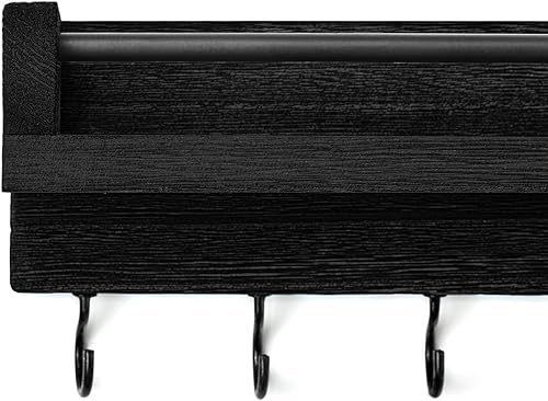 Miniatura 7 de Mkono Llavero para pared, 9.5 x 3.5 x 2.5 pulgadas, pequeño estante flotante de madera negra con 6 ganchos, colgador decorativo para llaves para
